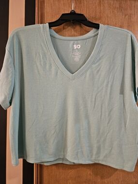 SO Light Teal V-Neck Short Sleeve Ribbed Crop Top